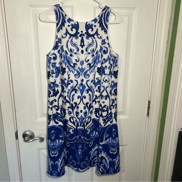 Lauren Ralph Lauren Stretch Crepe Damask Sleeveless A-line Dress Size 6 Blue - Picture 2 of 14